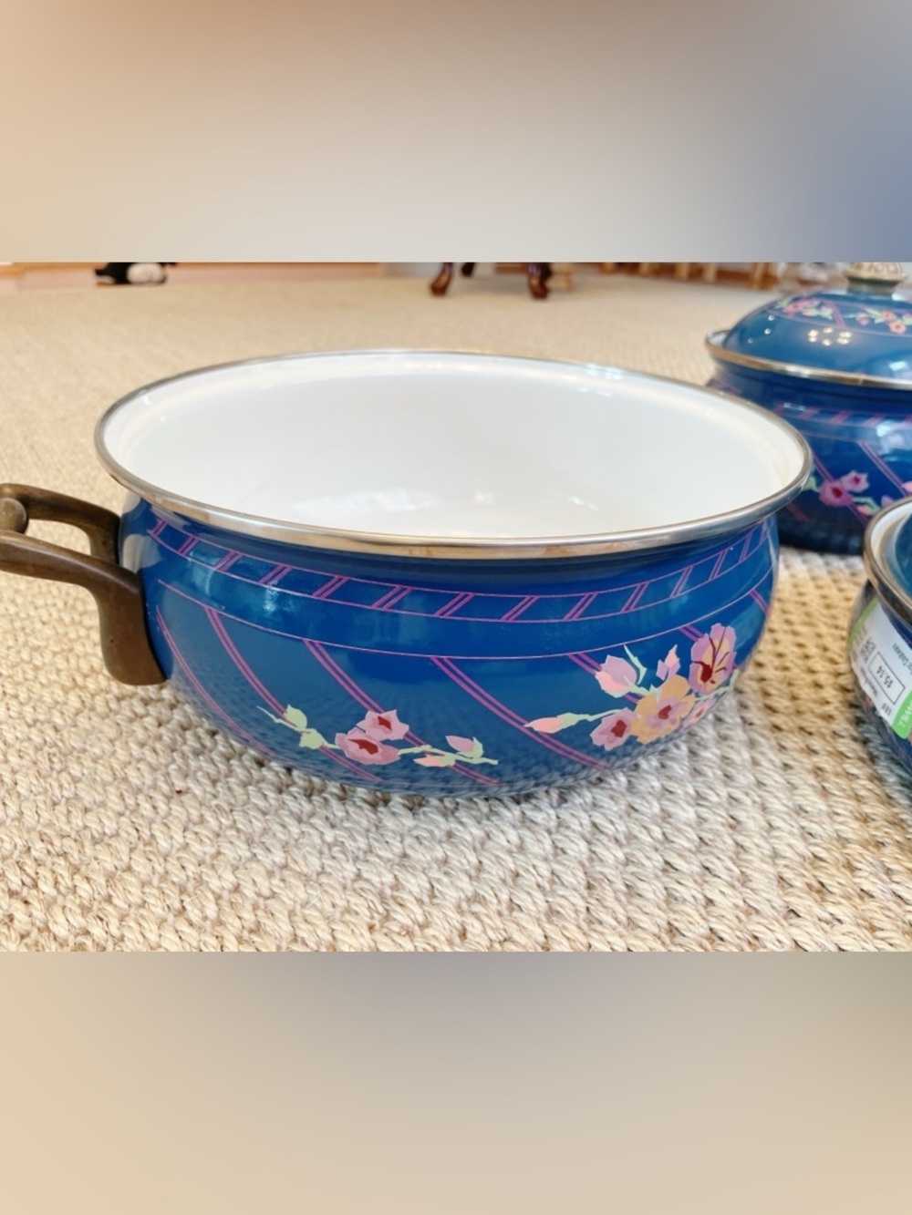 Vintage Sarma Studios Floral Enamel Cookware Set Blue Pots 3pc 2x 10” & 8” w lid - Picture 6 of 16